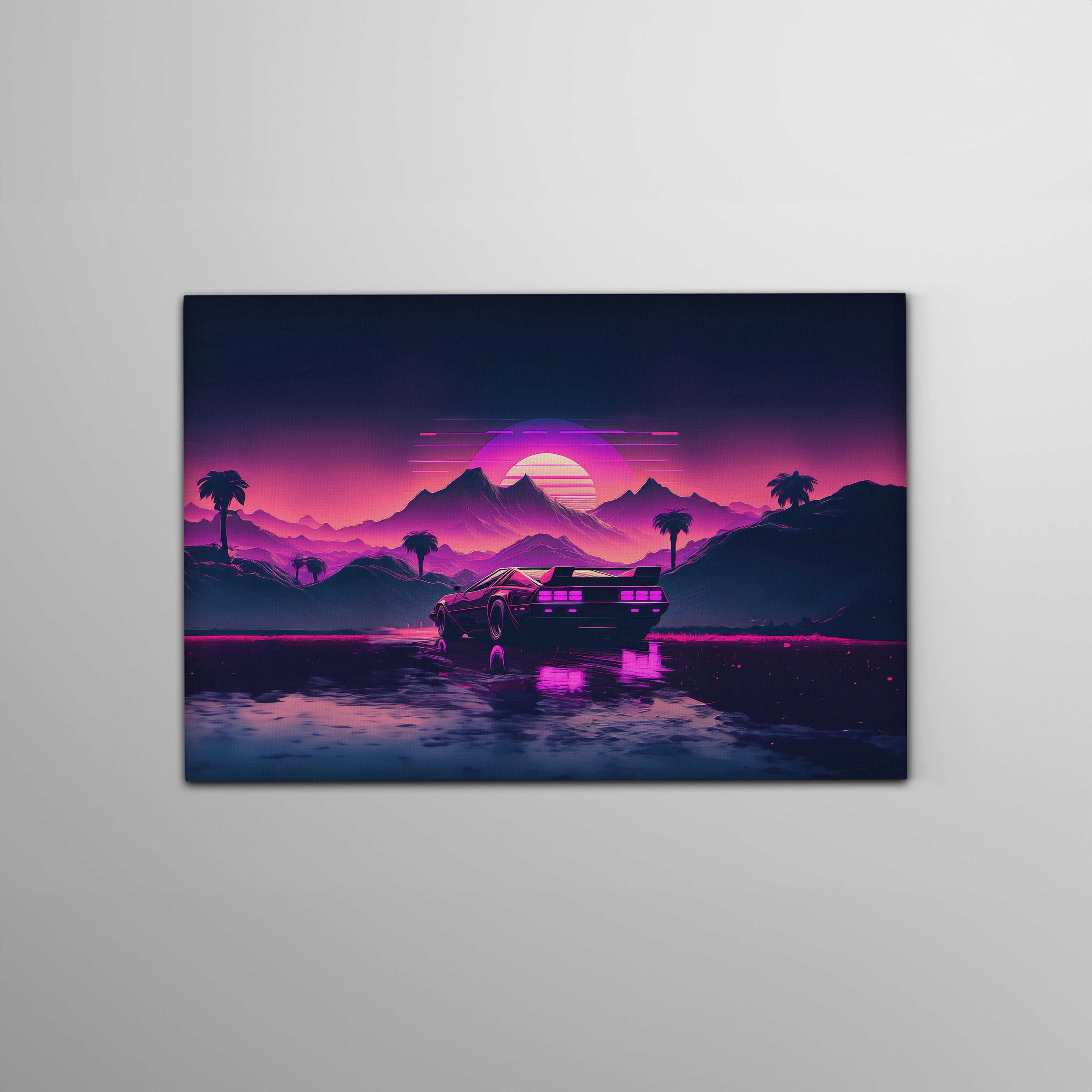 Spor Araba ile Gün Batımı Retrowave Kanvas Tablo